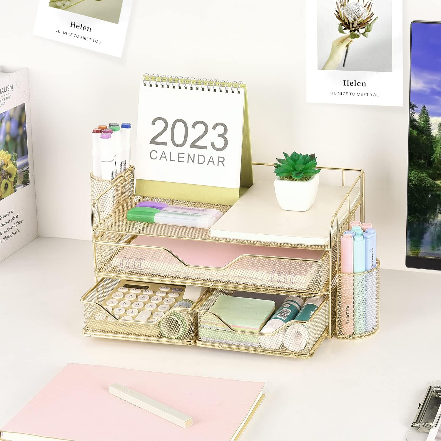 gianotter Desk Organizers and Accessories, Office Supplies Desktop Organizer with Drawers and 2 Pen Holder, Desk accessories & workspace organizers (Black) - Image 7